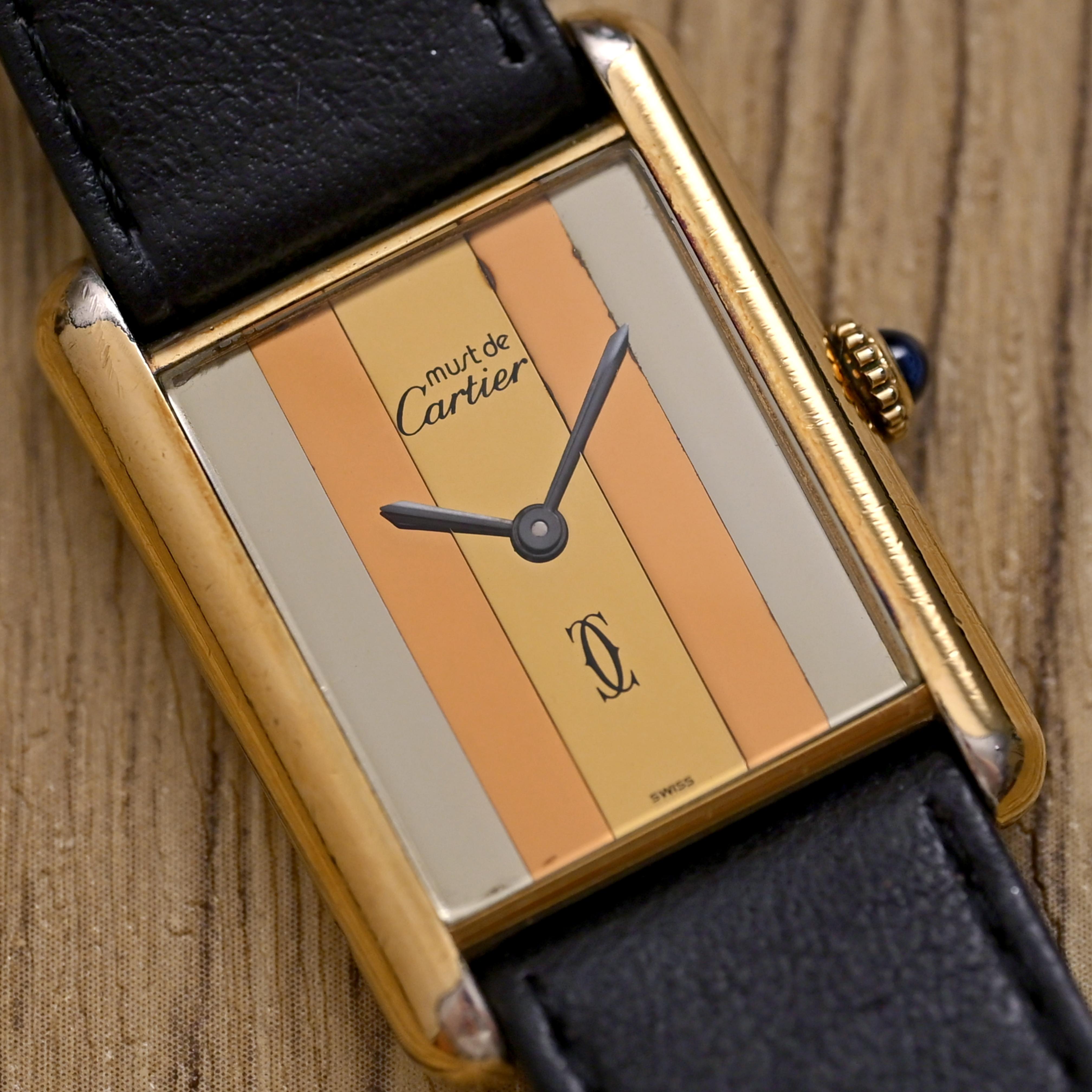 Women's or Men's Must de Cartier Gold Plated 925 Tank Trinity Dial Manual Wind For Sale