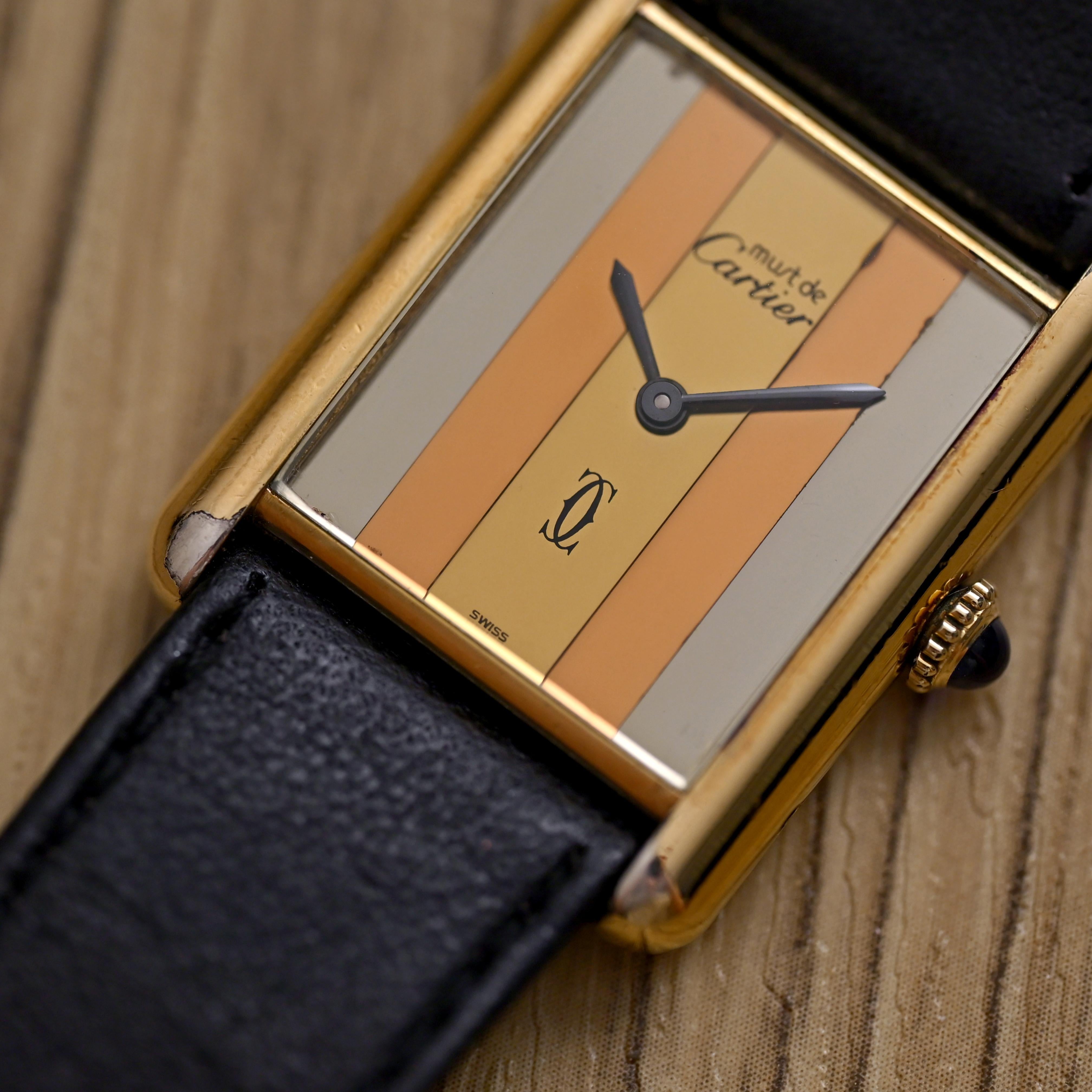 Must de Cartier Gold Plated 925 Tank Trinity Dial Manual Wind In Good Condition For Sale In Central & Western District, HK