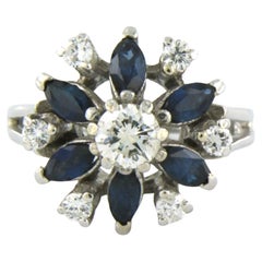 Anello da cocktail con zaffiro e diamanti taglio brillante fino a 0,56ct in oro 14k