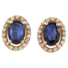 Boucles d'oreilles Cluster avec saphir et diamants taille brillant jusqu'à 0.20ct or 14k