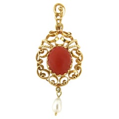 Colgante victoriano con coral y perla 4,0 gramos oro amarillo 14k