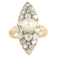 18-karätiger Bicolor-Ring mit Perle und Diamanten im Old-Mine-Schliff bis zu 2,00 Karat – 18-karätiges Gold