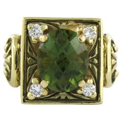 Ring with peridot and brilliant cut diamonds up to 0.16ct 18k gold 14.8 grams