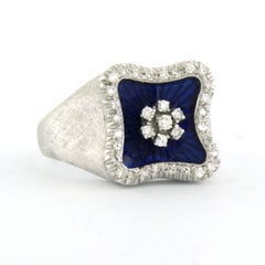 Ring mit blauer Emaille und Diamanten im Einfachschliff bis zu 0,30 Karat, 18 Karat Gold, 8,2 Gramm