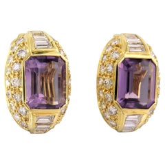 Earrings with amethyst, baguette and brilliant cut diamond up to 4.00ct 18k gold
