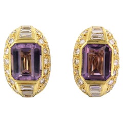 Earrings with amethyst, baguette and brilliant cut diamond up to 4.00ct 18k gold
