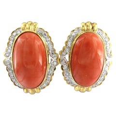 Earrings with coral and single cut diamonds up to 1.00ct 18k gold 23.7 grams
