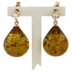 Dangle earrings with amber and brillaint cut diamonds up to 0.18ct 18k gold
