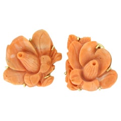 Earrings with flower carved coral 14k gold 10.6 gram