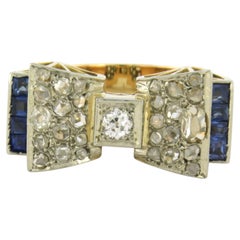 ART DECO ring with sapphire, old mine and rose cut diamonds 18k gold 11.3 grams