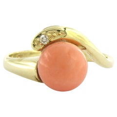 Ring with coral and single cut diamond up to 0.02ct 14k gold 3.7 grams