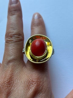 RETRO Ring with coral and single cut diamonds up to 0.08ct 14k gold