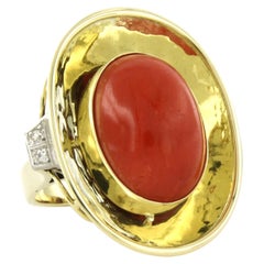 RETRO Ring with coral and single cut diamonds up to 0.08ct 14k gold