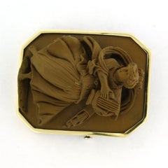 19th century Brooch with lava cameo classic woman with harp 14k gold, silver