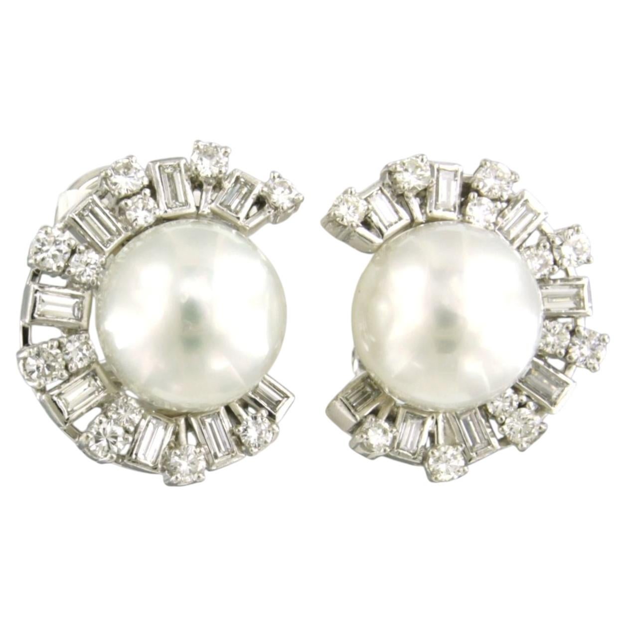 Earrings with pearl and baguette and brilliant cut diamond up to 2.40ct 18k gold For Sale
