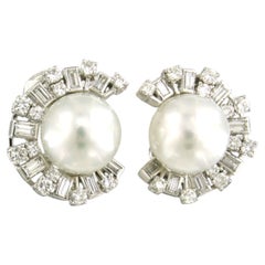 Boucles d'oreilles avec perle et diamant taille baguette et brillant jusqu'à 2,40ct or 18k
