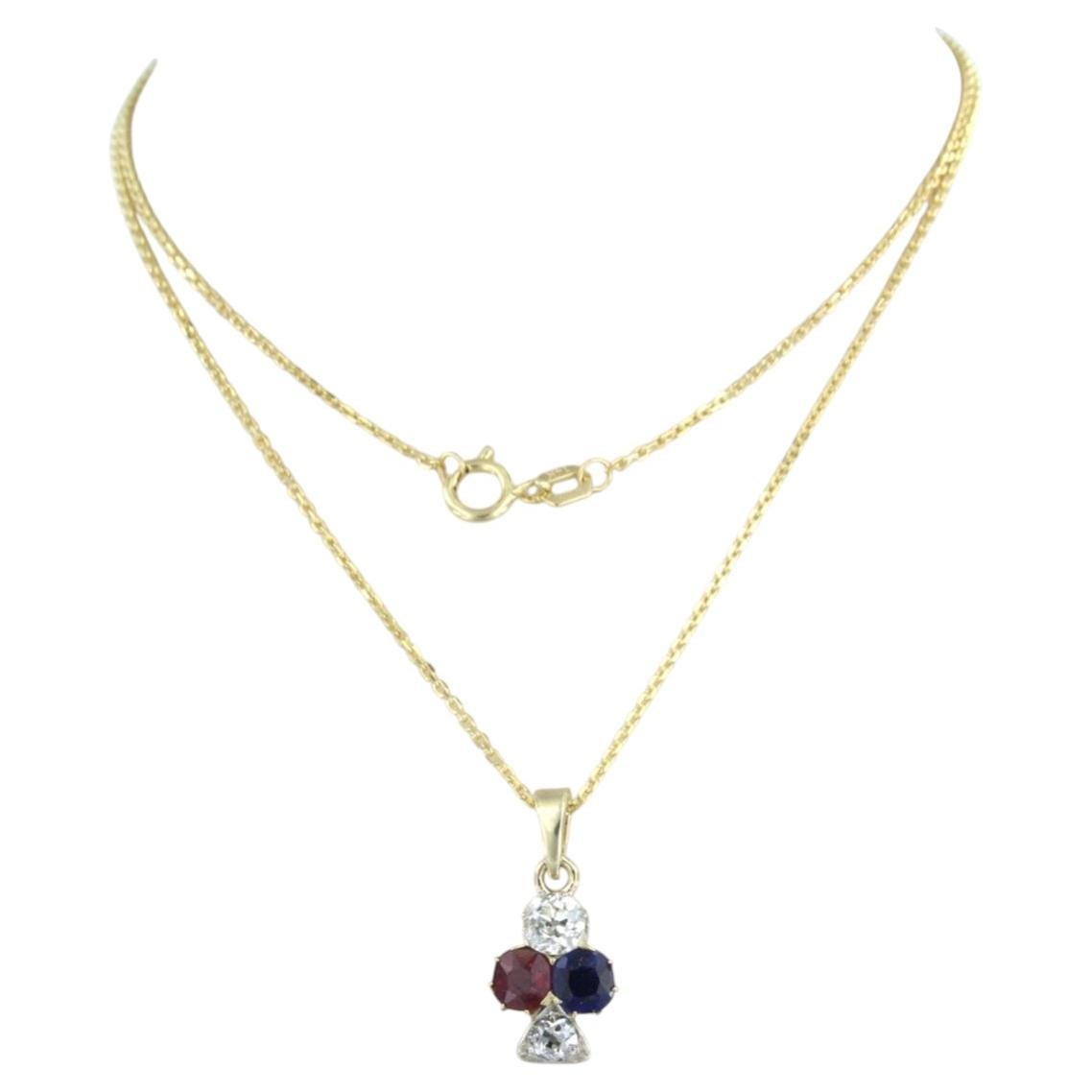 14k Yellow Gold Bicolor Pendant Necklace with Ruby, Sapphire, Diamonds For Sale