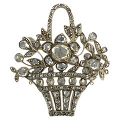 ANTIQUE Flower basket brooch with rose cut diamond up to 3.20ct 14k gold, silver
