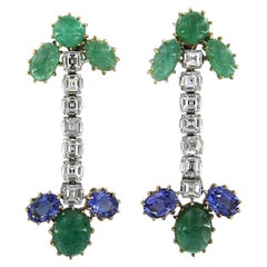 Earrings with Tanzanite, emerald and square cut diamonds up to 3.00ct 18k gold