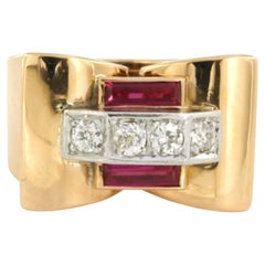 Bague RETRO avec rubis verneuil et diamants taille ancienne européenne, or 18 carats, platine