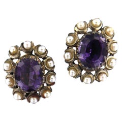 Antique Earrings with amethyst and pearls 18k gold, silver 13.6 grams