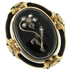 OLD DUTCH brooch with onyx and rose cut diamonds 14k gold, silver 41.5 grams