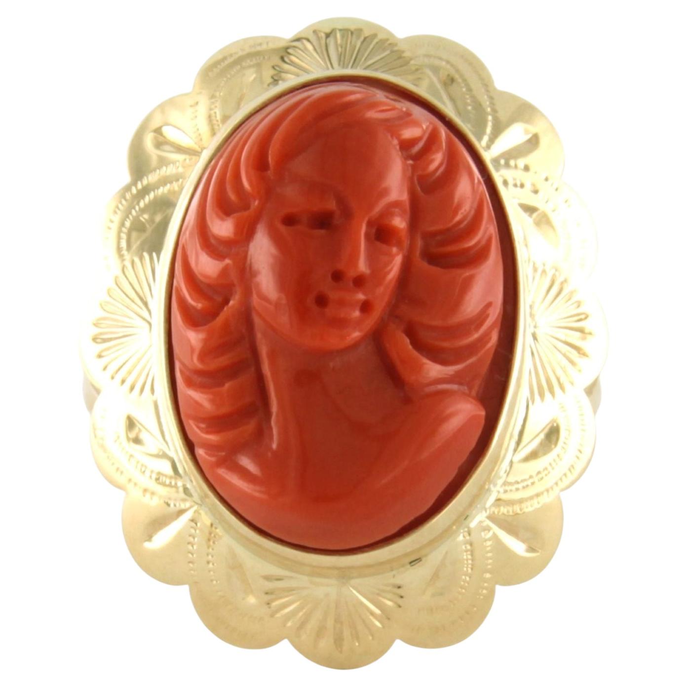 VICTORIAN 14k gold ring with coral - 6.3 grams - ring size U.S. 7.5 - EU. 17.75 For Sale