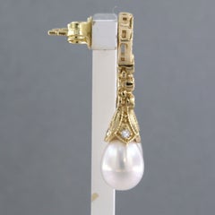 Pendientes con perla y diamantes talla única hasta 0,32 ct Oro amarillo de 14k