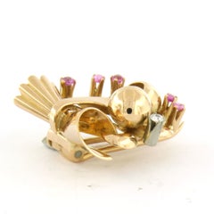 RETRO Brooch with ruby verneuille and old mine cut diamond up to 0.08ct 18k gold