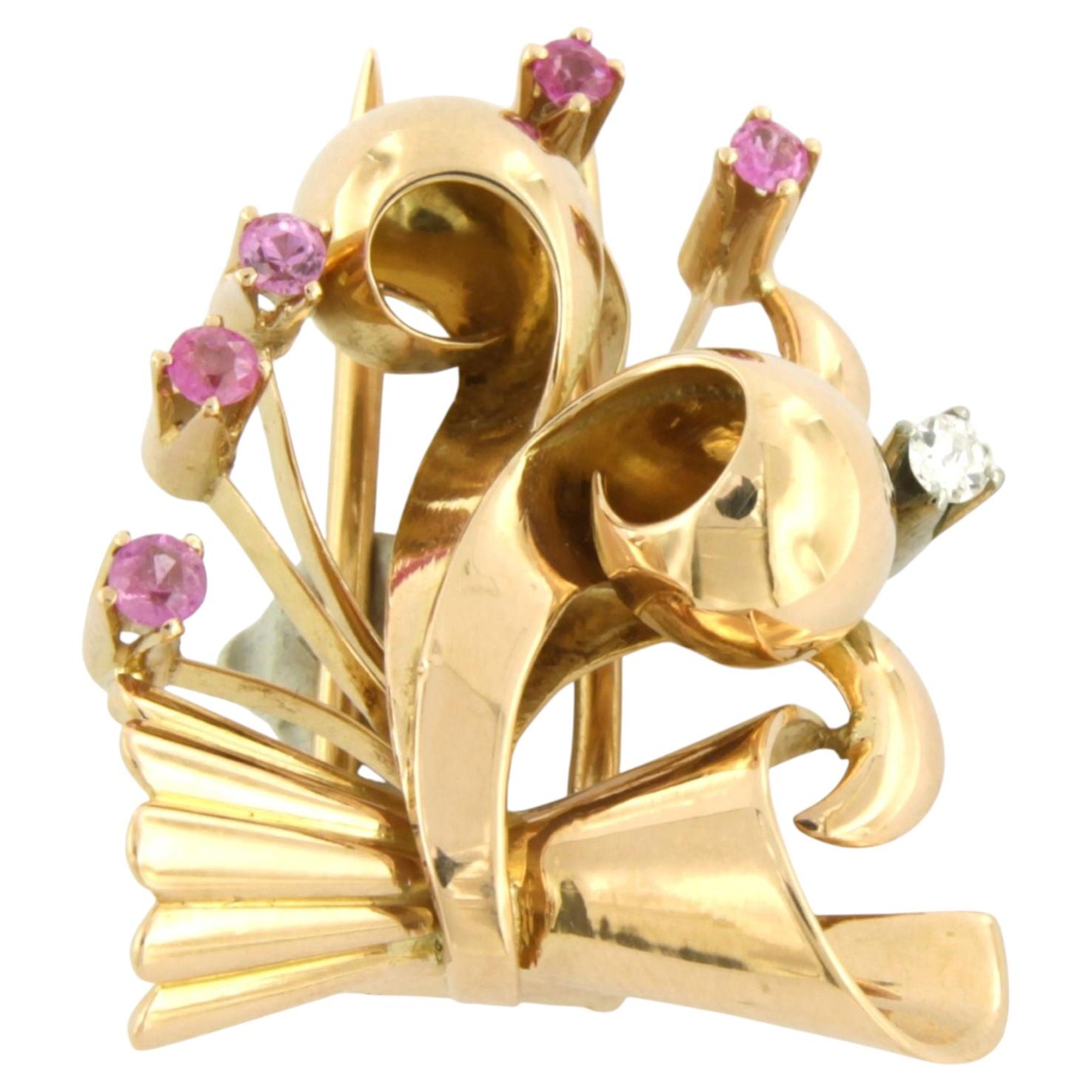 RETRO Brooch with ruby verneuille and old mine cut diamond up to 0.08ct 18k gold For Sale