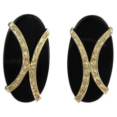 18kt Yellow Gold Onyx and Diamond Clip-On Earrings, 0.10ct Total