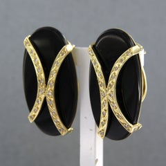 18kt Yellow Gold Onyx and Diamond Clip-On Earrings, 0.10ct Total