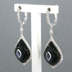 Earrings with onyx, sapphire and single cut diamonds up to 0.40ct 14k gold