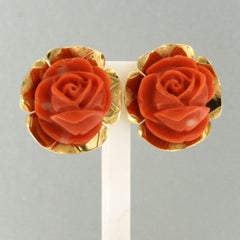 Earrings with coral in a shape of a rose 14k gold 12.1 grams