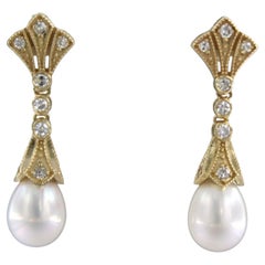 Earrings with pearl and single cut diamonds up to 0.30ct 14k gold 4.5 grams