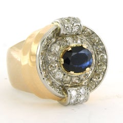 Retro 18k Bicolour Gold Cocktail Ring with Sapphire and Diamonds