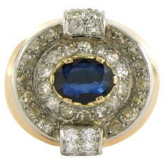 Anello da cocktail retrò in oro 18k bicolore con zaffiro e diamanti