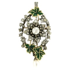 Broche/pendentif de style victorien avec émail vert et diamant taille rose, or 14 carats, argent