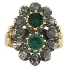 VICTORIAN ring with emerald and rose cut diamonds 18k gold, silver