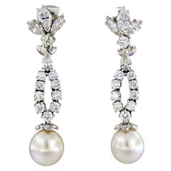 Earrings with pearl, brilliant and marquise cut diamonds up to 3.50ct 18k gold