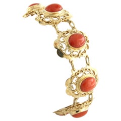 Bracelet en or jaune 14k avec Corail de taille ovale - 22,7 grammes - 19,5 cm de long