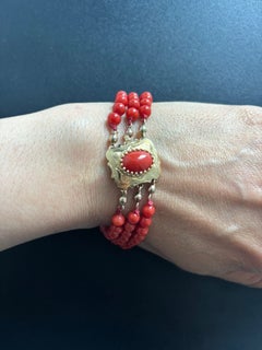 Pulsera antigua de cuentas de coral en oro amarillo de 14k, circa 1870, 20 cm