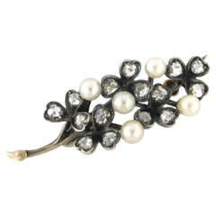 VICTORIAN Brooch with pearl and rose cut diamonds 0.40ct 14k gold and silver