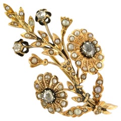 Victorian 14k Yellow Gold Branch Brooch with Pearls & Rose Diamonds