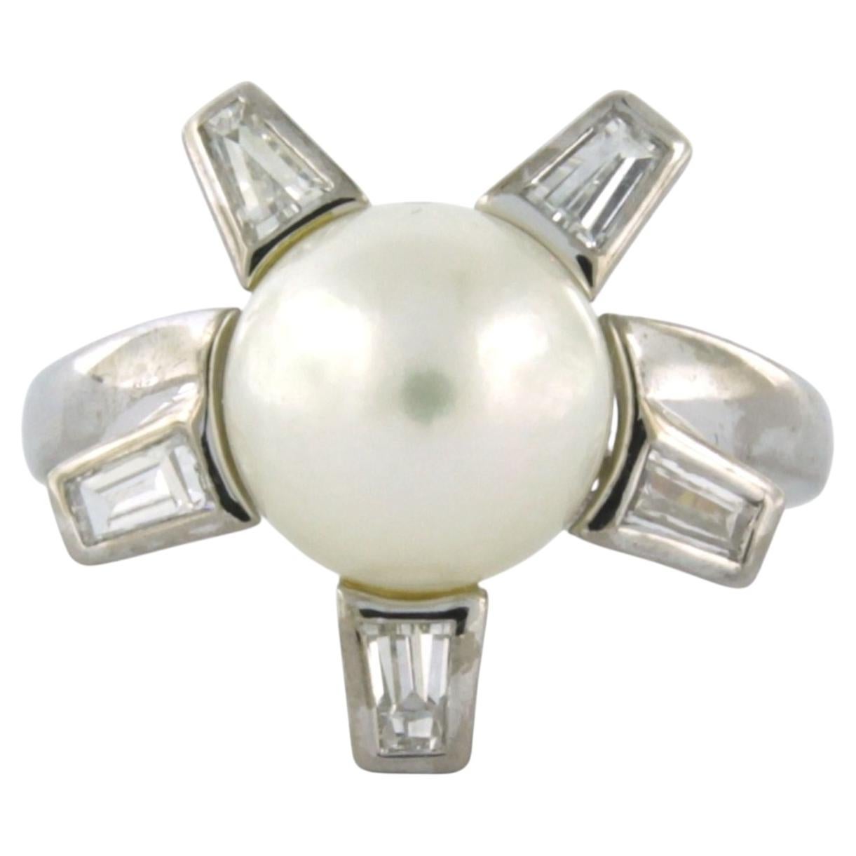 18k White Gold Pearl and Taper Baguette Diamond Ring, 0.45ct, Size 6 For Sale