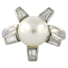18k White Gold Pearl and Taper Baguette Diamond Ring, 0.45ct, Size 6