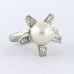 18k White Gold Pearl and Taper Baguette Diamond Ring, 0.45ct, Size 6