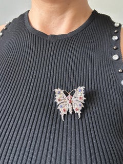 Spilla con perla, rubino, zaffiro e diamanti a taglio rosa, in oro 14k e argento