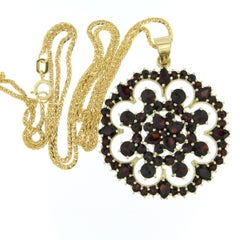 Antique 14k Yellow Gold Garnet Pendant Necklace, Circa 1880, 12.4g