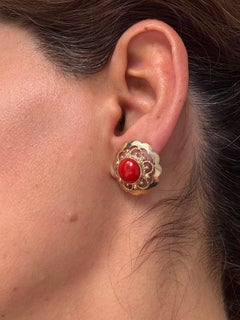 Victorian 14k Yellow Gold Coral Clip-On Earrings, Netherlands, 1870